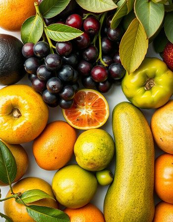 Variety of fresh fruits and vegetables as background, top view.の写真素材