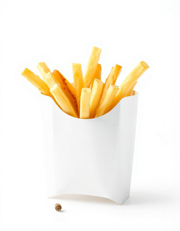 French fries in paper box isolated on white background. Close up.