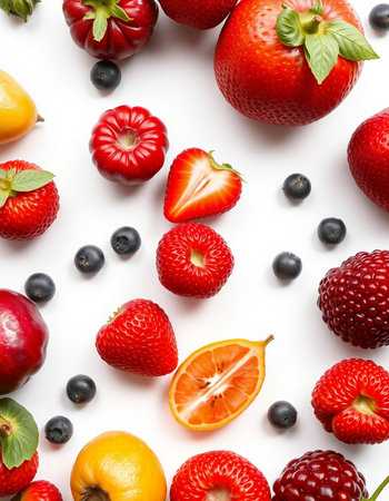 Mix of fresh berries on white background, top view. Flat lay