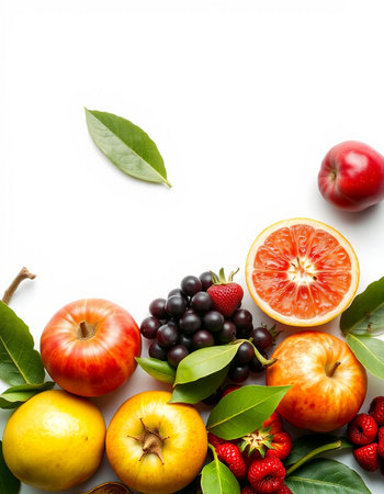 Fruits and berries on white background. Top view, flat layの写真素材