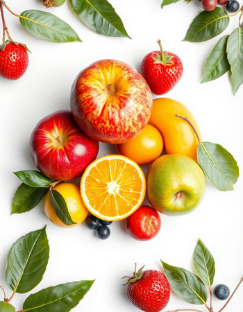 Fruits and berries on white background. Flat lay, top viewの写真素材