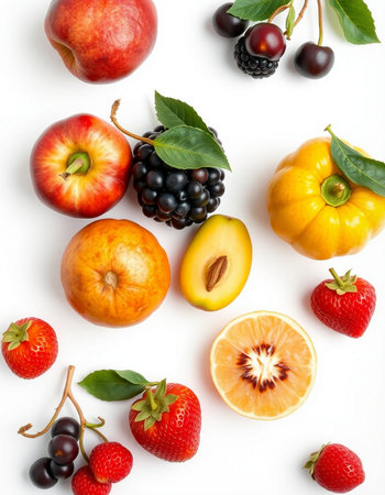 Fruits and berries on white background. Flat lay, top view