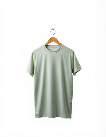 Green t-shirt on a hanger isolated on a white backgroundの写真素材