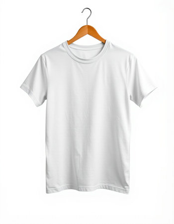 White t-shirt on a hanger on a white background.