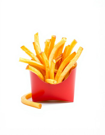 French fries in a red box isolated on white background. Fast food.の写真素材