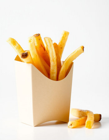 French fries in a paper box on a white background. Fast food.