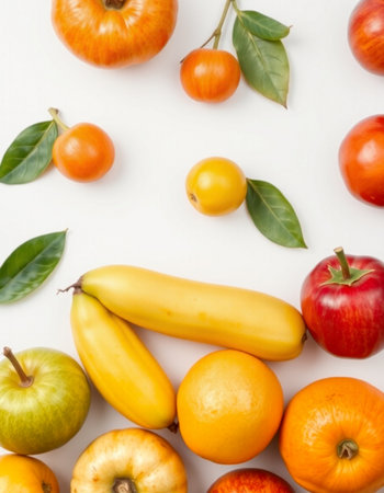 Fruits and vegetables on white background. Flat lay, top viewの写真素材