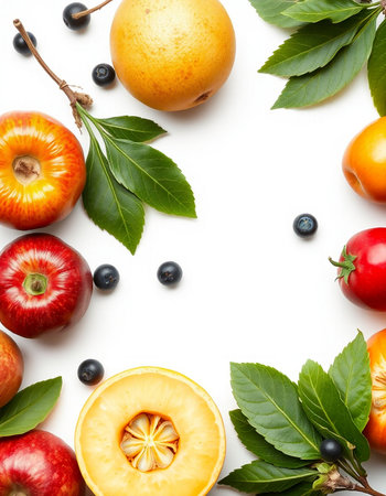 Fruits and berries on white background. Flat lay, top viewの写真素材