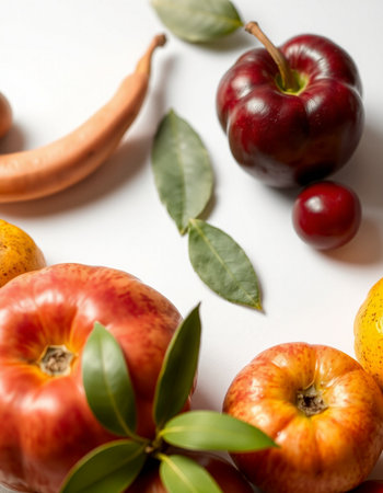 Fruit background with apples, pears, plums and orangesの写真素材