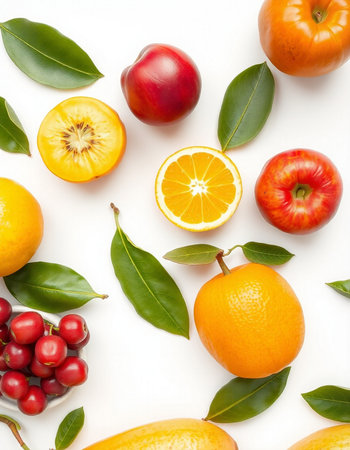 Fruits with leaves on white background. Flat lay, top view