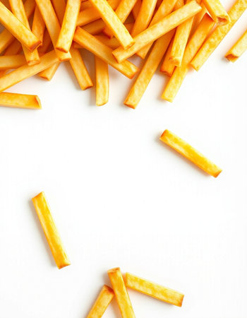 French fries on white background. Top view. Space for text.の写真素材