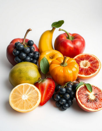 Fruits and vegetables on white background. Healthy food concept. Top view.の写真素材