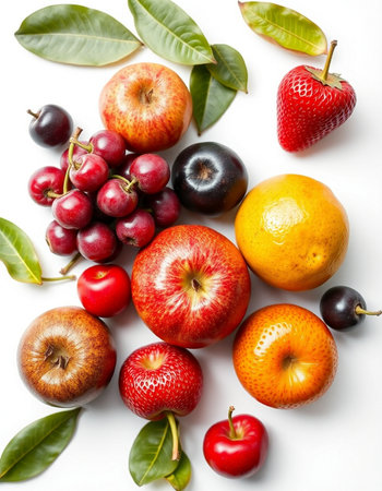 Fruits on a white background. Top view. Flat lay.の写真素材