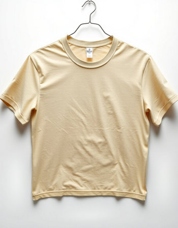 Yellow t-shirt on a hanger on a white background.の写真素材