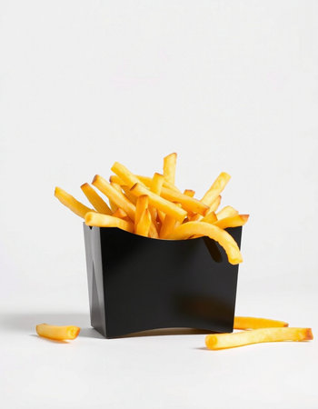 French fries in a black box on a white background, fast food