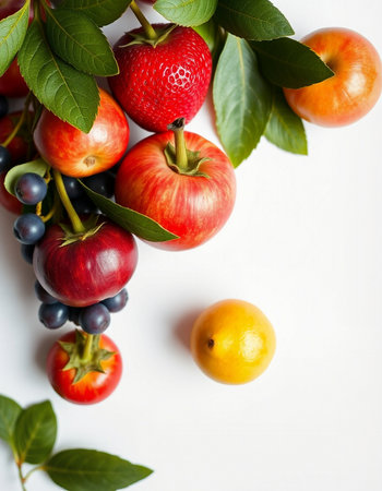Fruits and berries on a white background. View from above.