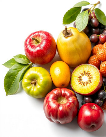 Assorted fresh fruits isolated on white background. Healthy food concept.