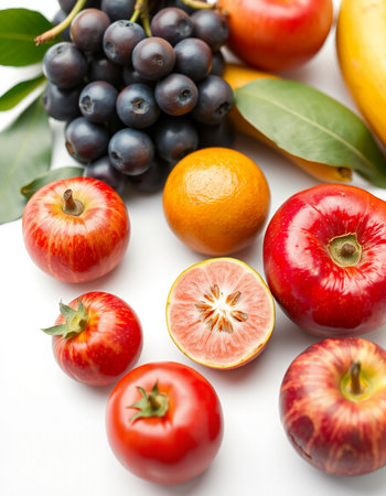 Fresh fruits and vegetables on a white background. Selective focus.の写真素材