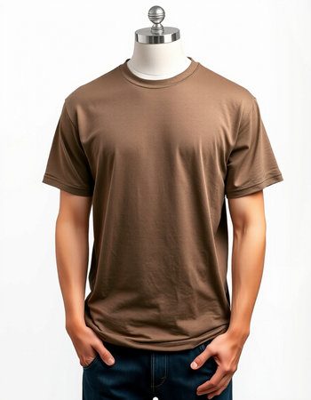 Men's brown t-shirt on a mannequin on a white backgroundの写真素材