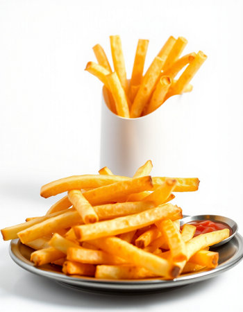 French fries with ketchup on a white background. Selective focus.