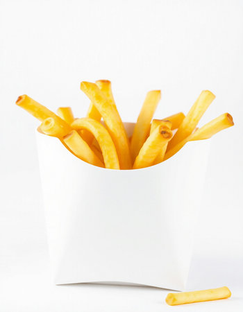 French fries in a white paper box on a white background, isolated