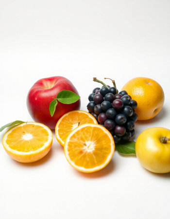 Fresh fruits on a white background. Orange, grape, apple, tangerineの写真素材