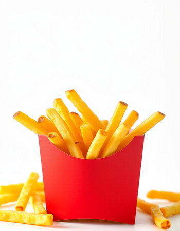 French fries in a red box on a white background, selective focus
