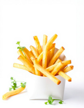 French fries in a white bowl with parsley on a white backgroundの写真素材