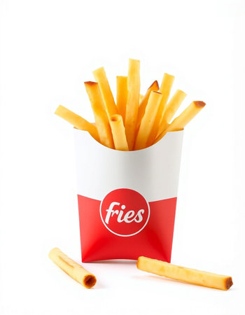 French fries in paper box isolated on white background.