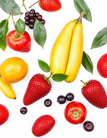 Fresh fruits isolated on white background. Flat lay, top view.