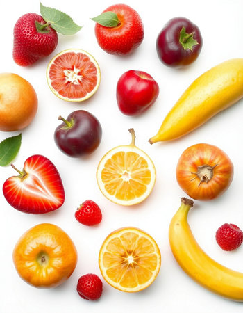 Composition with fresh fruits on white background, top view. Flat layの写真素材