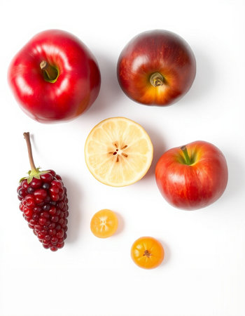 Fruits and berries on a white background, top view, flat layの写真素材