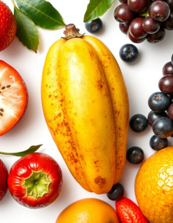 Variety of fruits and vegetables on white background. Top view.の写真素材