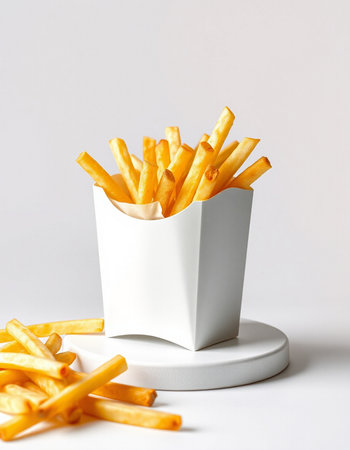 French fries in a paper box on a white background. Fast food.
