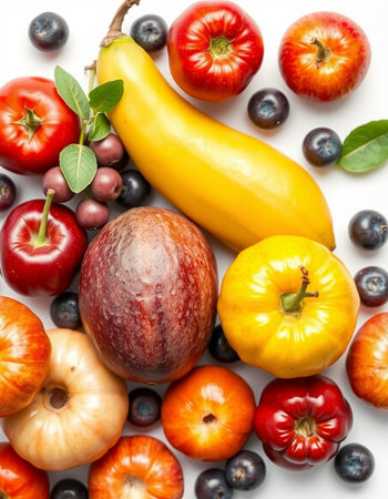 Fresh fruits and vegetables isolated on white background. Flat lay, top viewの写真素材