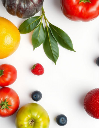 Fresh fruits and vegetables isolated on white background. Flat lay, top viewの写真素材
