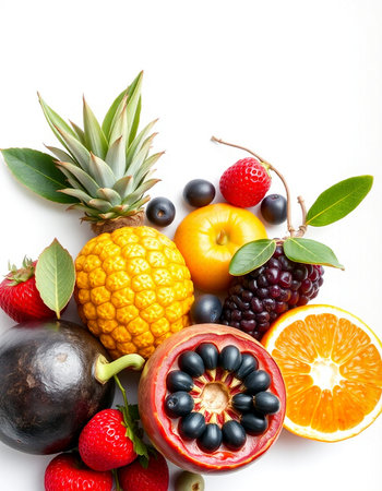 Fresh fruits isolated on a white background. Healthy food. Top view.