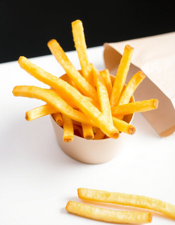 French fries in paper bag on white background. Selective focus.