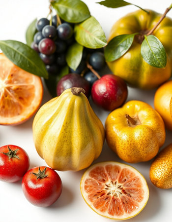 Fruits and vegetables on a white background. Selective focus.