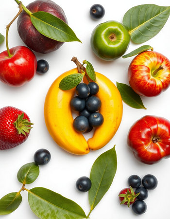 Fruits and berries on white background. Flat lay, top view