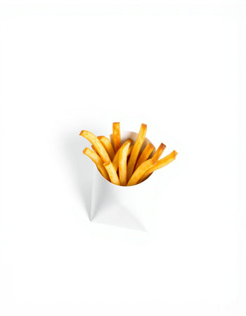 French fries isolated on a white background. Top view, flat layの写真素材