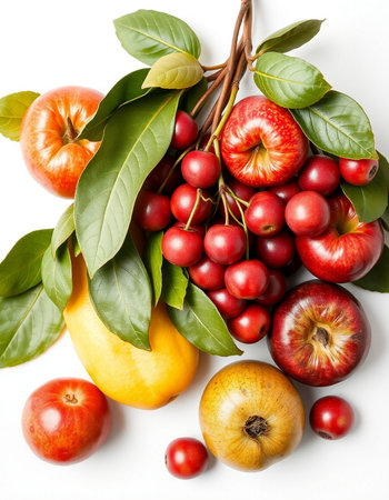 Fresh fruits and vegetables on white background, top view. Healthy food