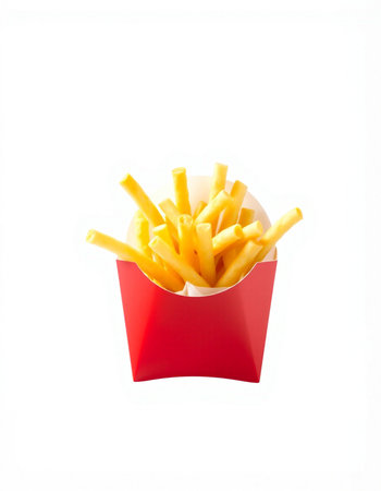French fries in red box isolated on white background. Fast food.