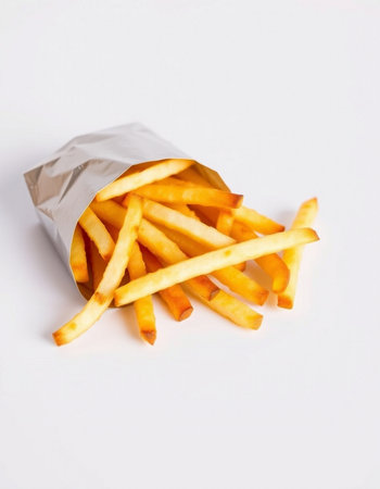 French fries in a paper bag on a white background. Selective focus.