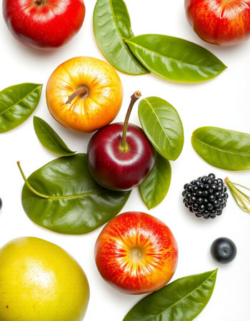 Fruits and leaves on a white background. Healthy eating concept.の写真素材