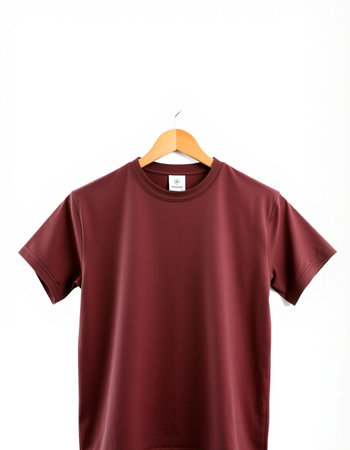 Red t-shirt on a hanger isolated on a white backgroundの写真素材