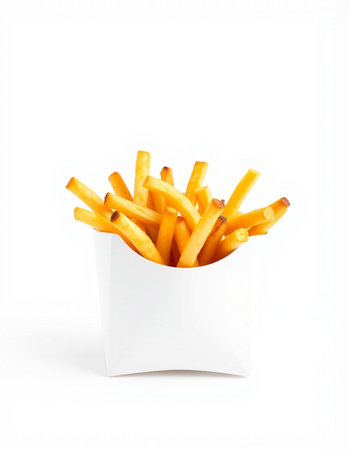 French fries in a white box on a white background. Isolated