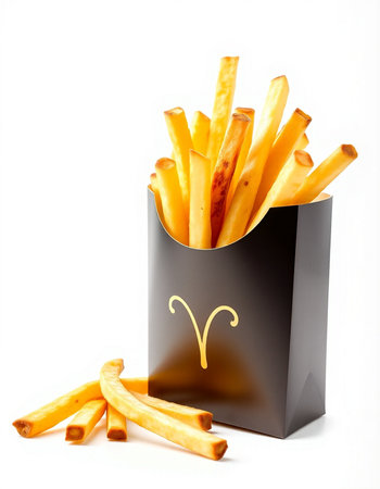French fries in a black box on a white background. Isolated