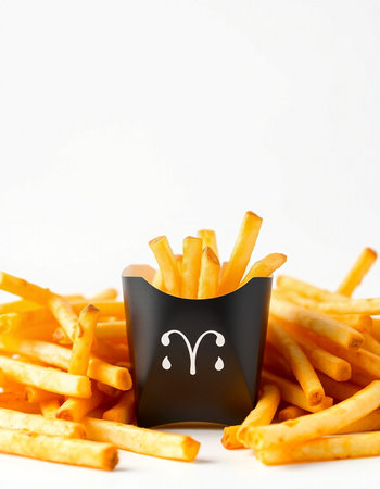 French fries with funny face on white background. Concept of fast food.