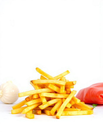 french fries on white background with copy space for your text.